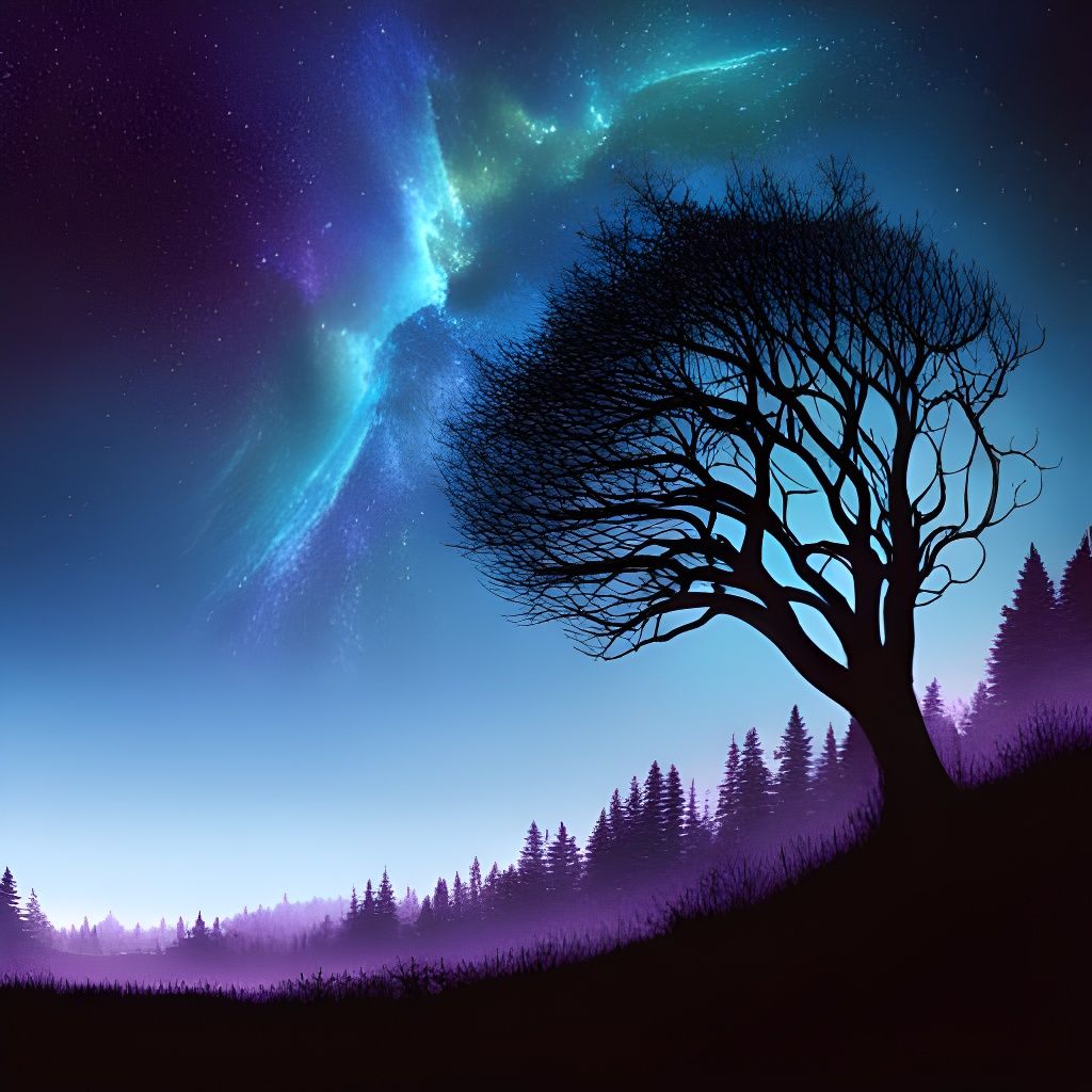 Gloomy Dark Forest with Starry Sky