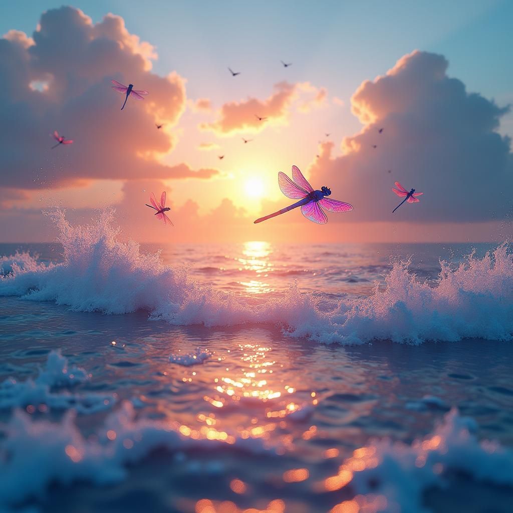 Dragonflies Dance at Sunrise Over Ocean