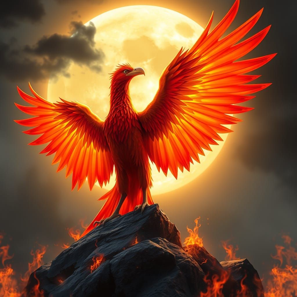Majestic Phoenix Illuminates Glowing Full Moon in Dramatic S...