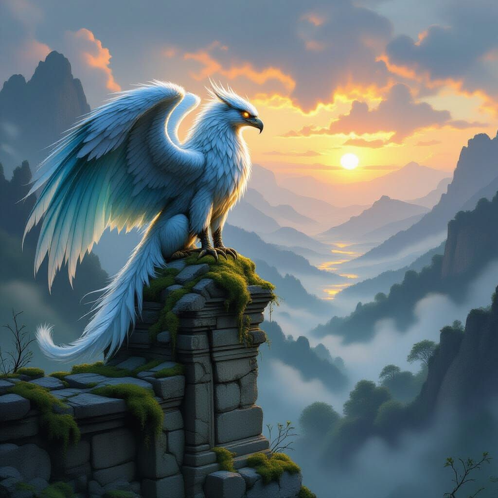 Majestic Griffin at Dawn Over Misty Valley