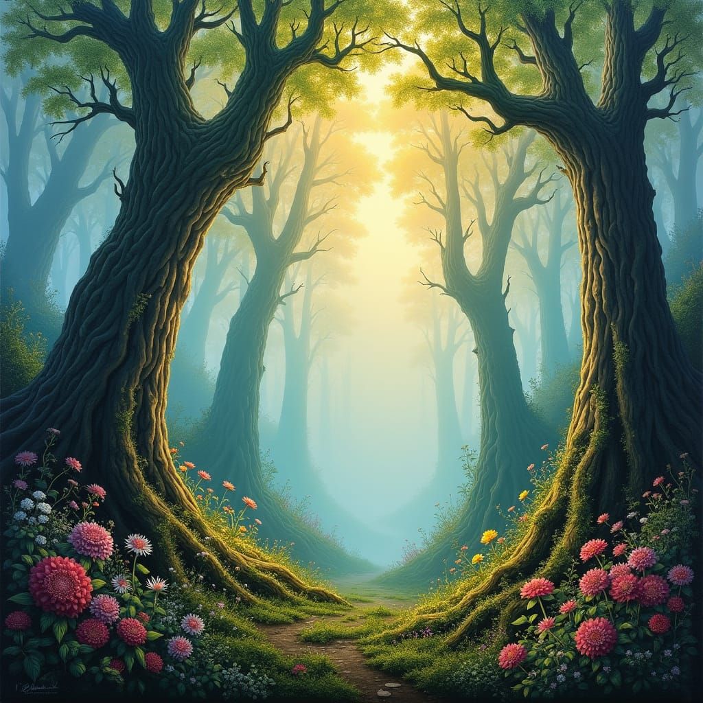 Luminous Oil Painting of Ancient Trees in Dream Landscape