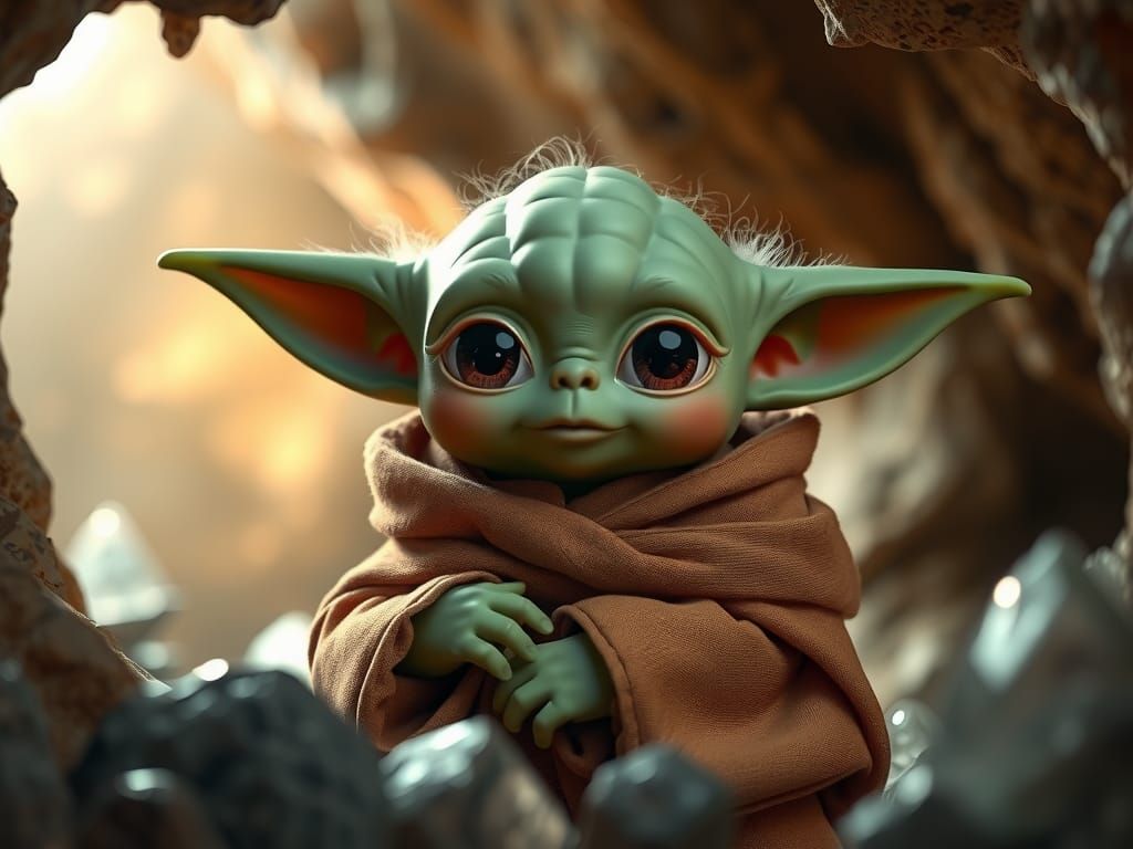 Cute Yoda in Crystal Cave, Hyper-Real 3D Anime Art