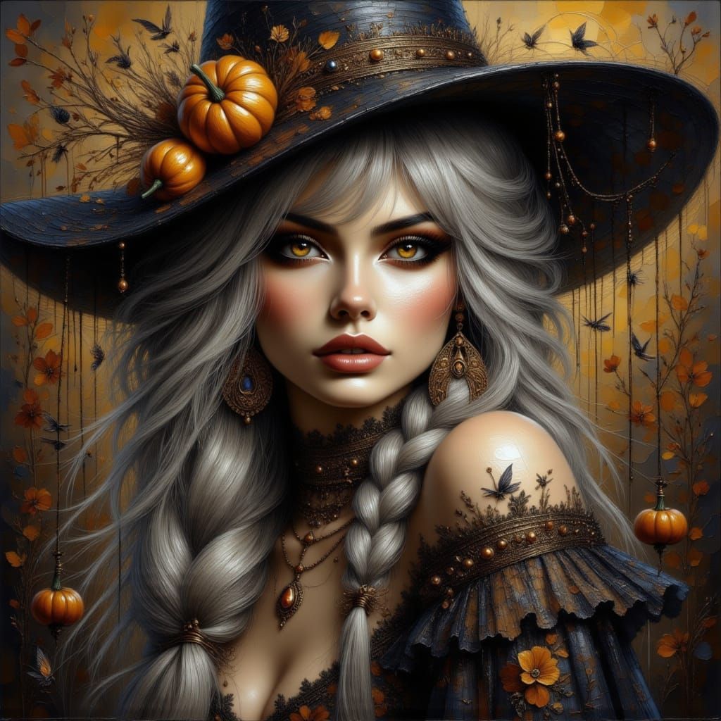 Glamorous Witch in Lace Gown with Braided Hair