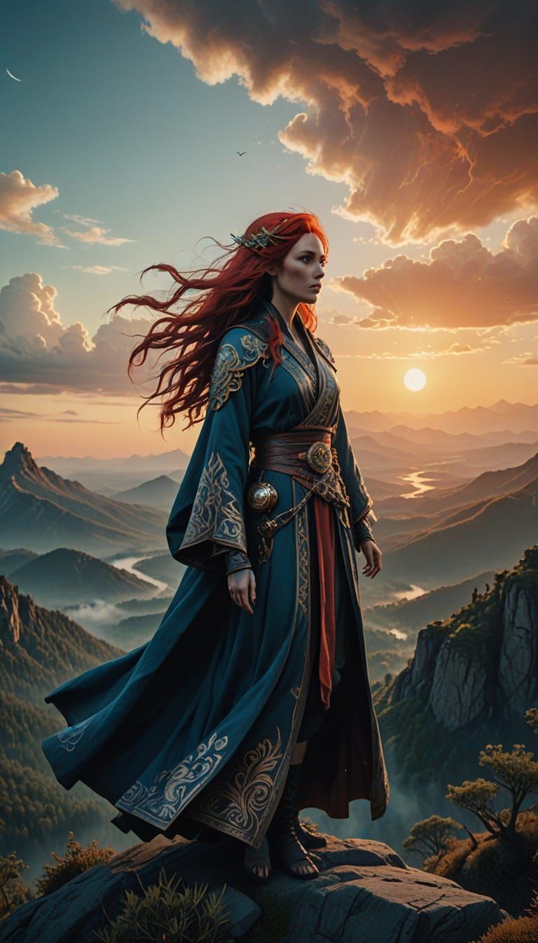 Blue-Haired Sorceress at Sunset, Hyperrealistic Fantasy Art