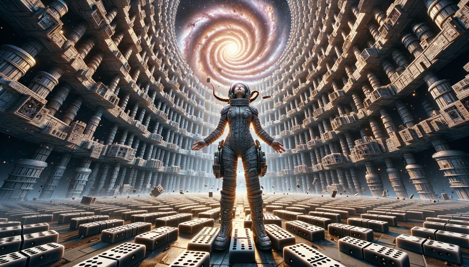 Steampunk Cityscape with Astronaut Oracle and Nebula