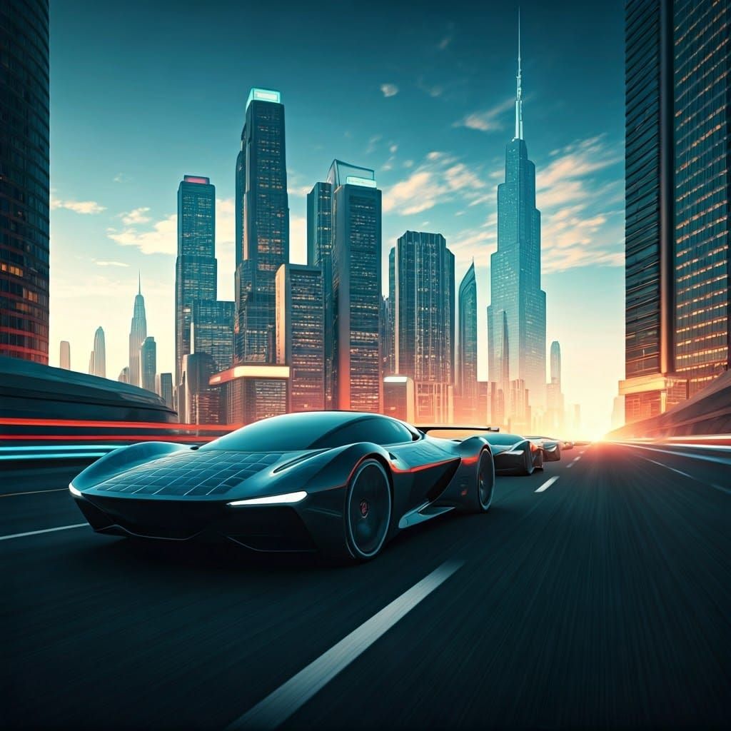 Retro-Futuristic Cityscape with Solar-Powered Cars