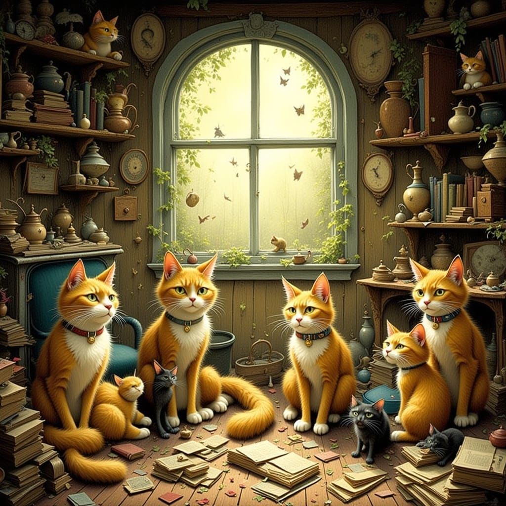 Whimsical Cats in Cozy Attic Vintage Storybook Illustration