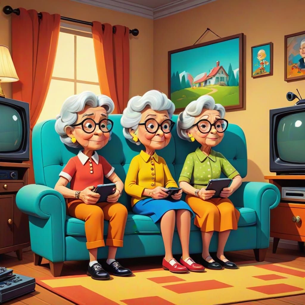 Whimsical Duo Watches TV in Retro Cartoon Style