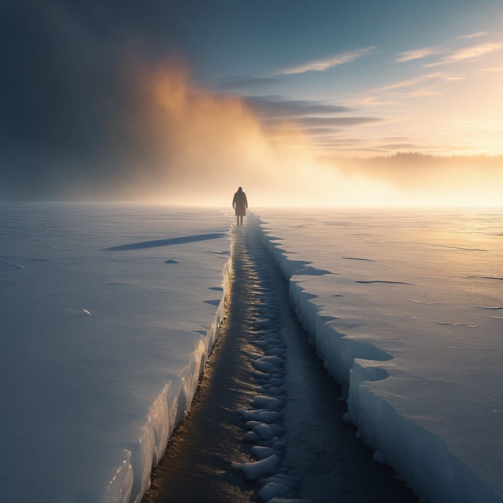 Mysterious Figure on an Icy Path in Golden Light
