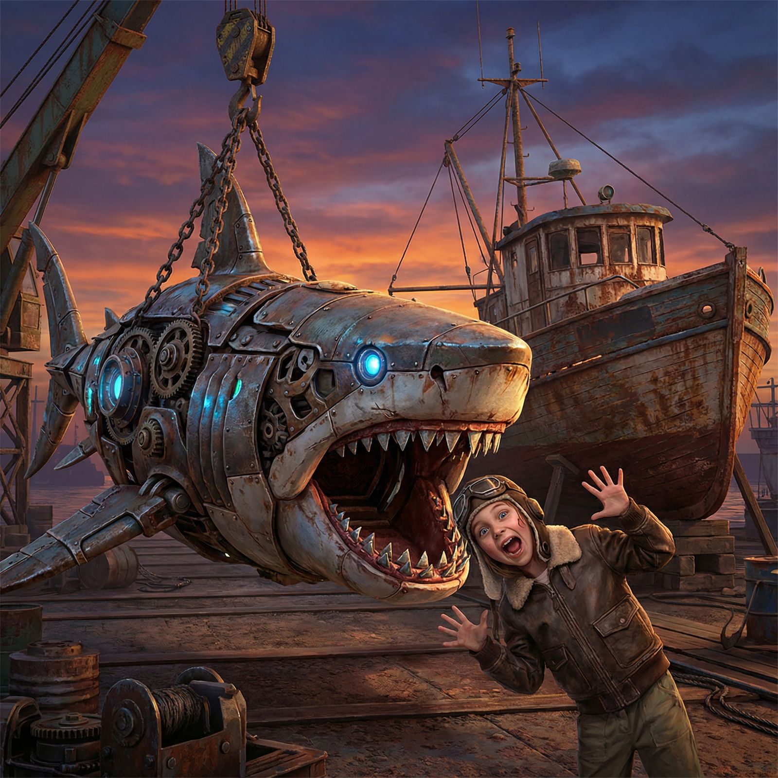 An artificial 8 foot shark, hanging by his tail. It's mouth is open wide. This shark is changing in front of a fishing b...