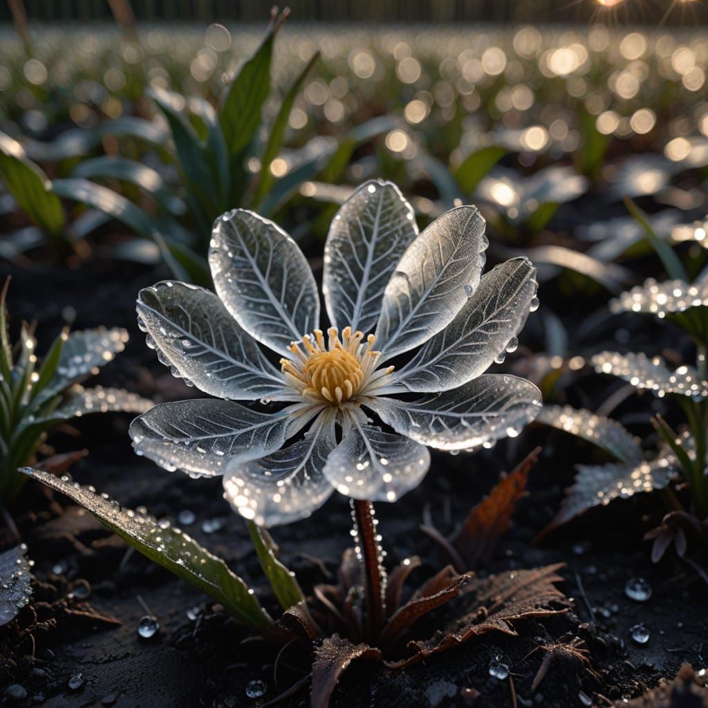 Macro Ice Flower on Dark Soil with Dew Drops
