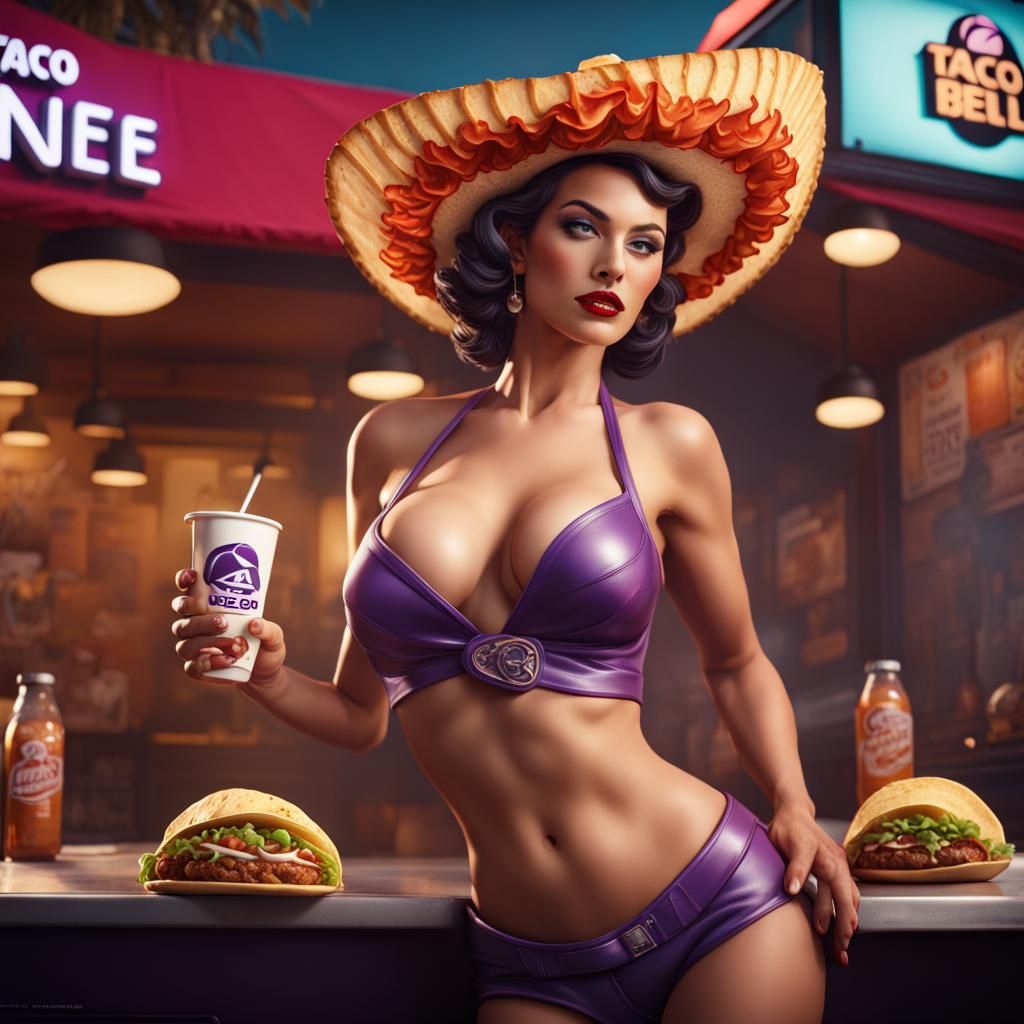 Hyperrealistic Taco Bell Pinup Girl: Detailed Matte Painting