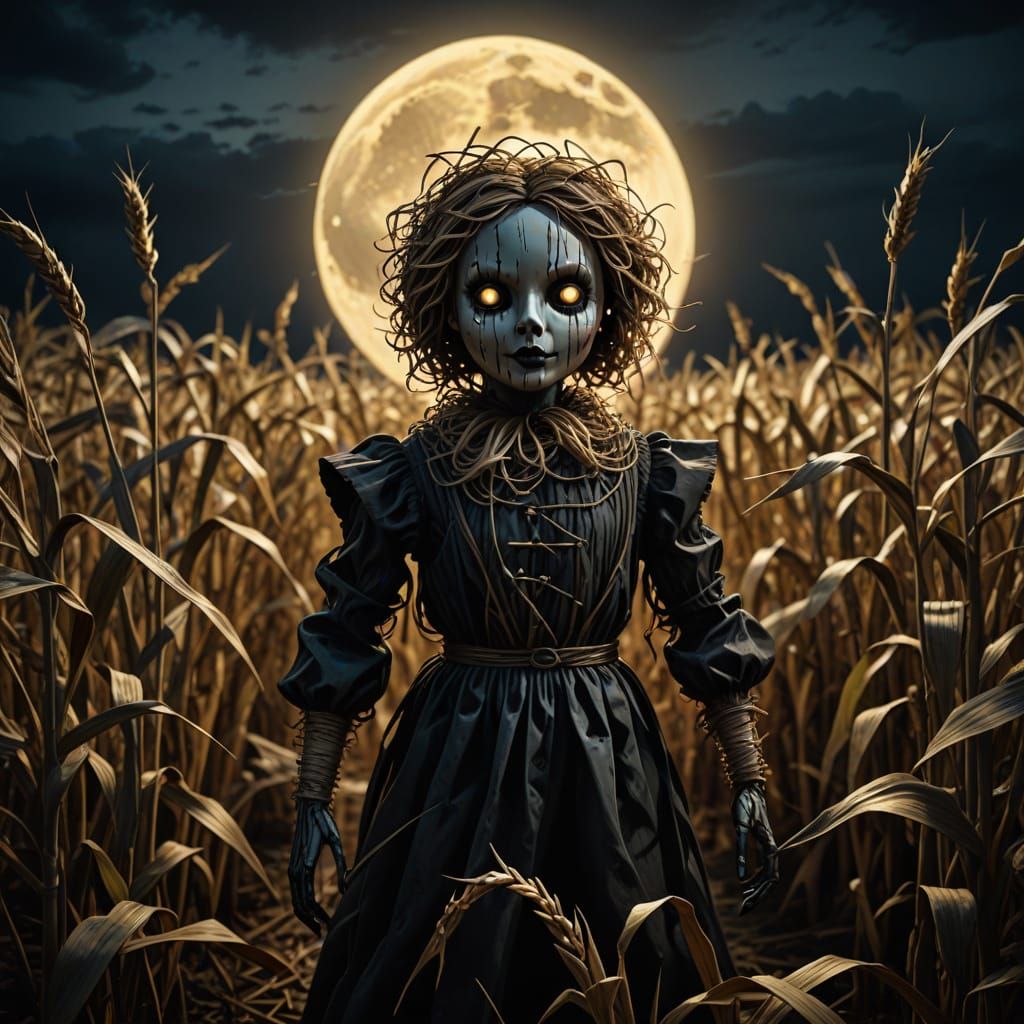 Cursed Straw Doll Dancing in Shadowy Cornfield