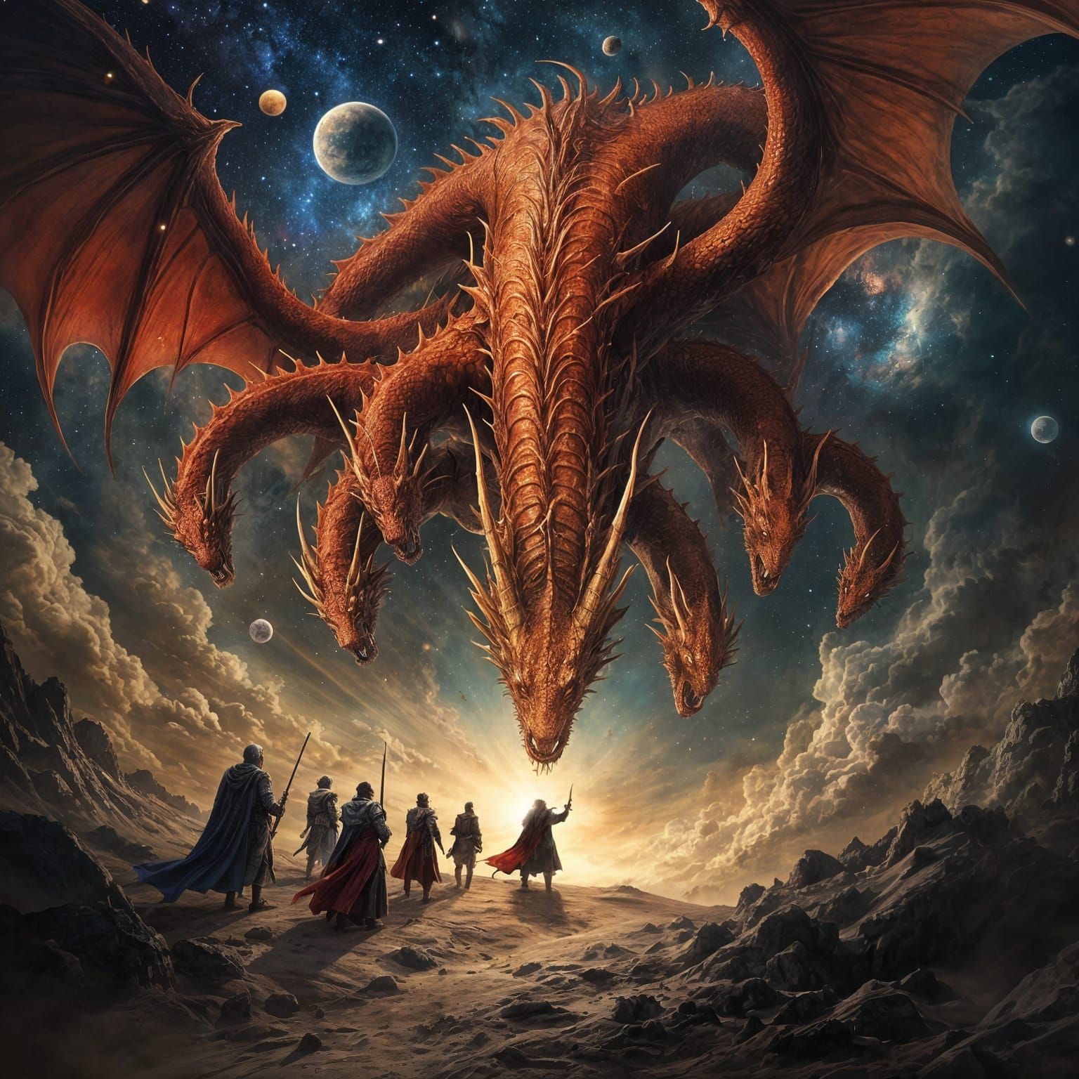 Cosmic Dragon Battles Knights in a Dazzling Celestial Landsc...