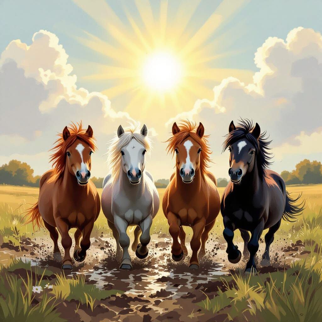 Four Colorful Shetland Ponies Play in Muddy Field