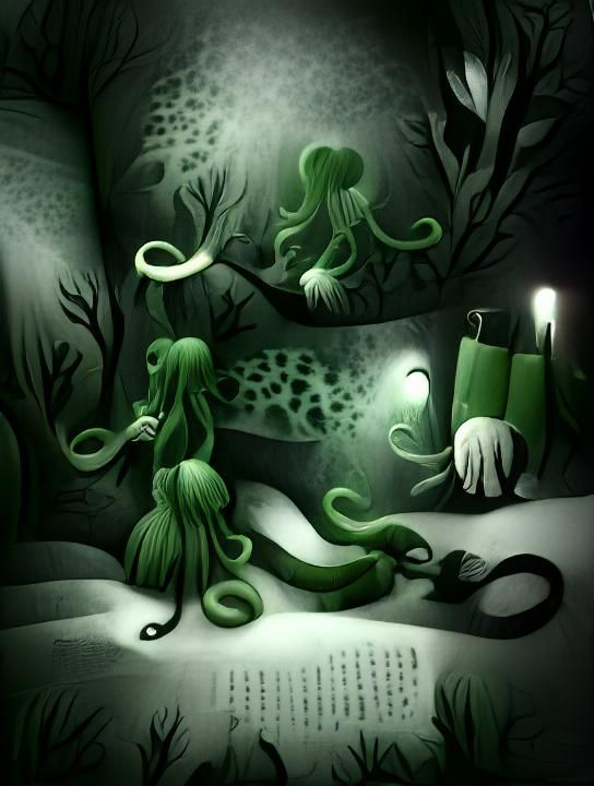 Monochromatic Green Tentacles in Storybook Illustration