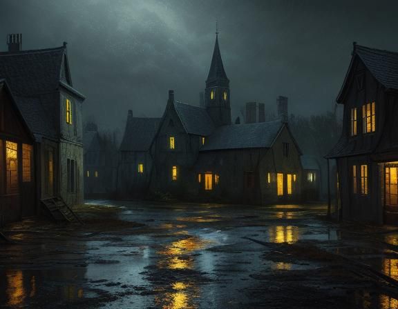 Eerie Abandoned Village at Night in Hyperrealistic Style