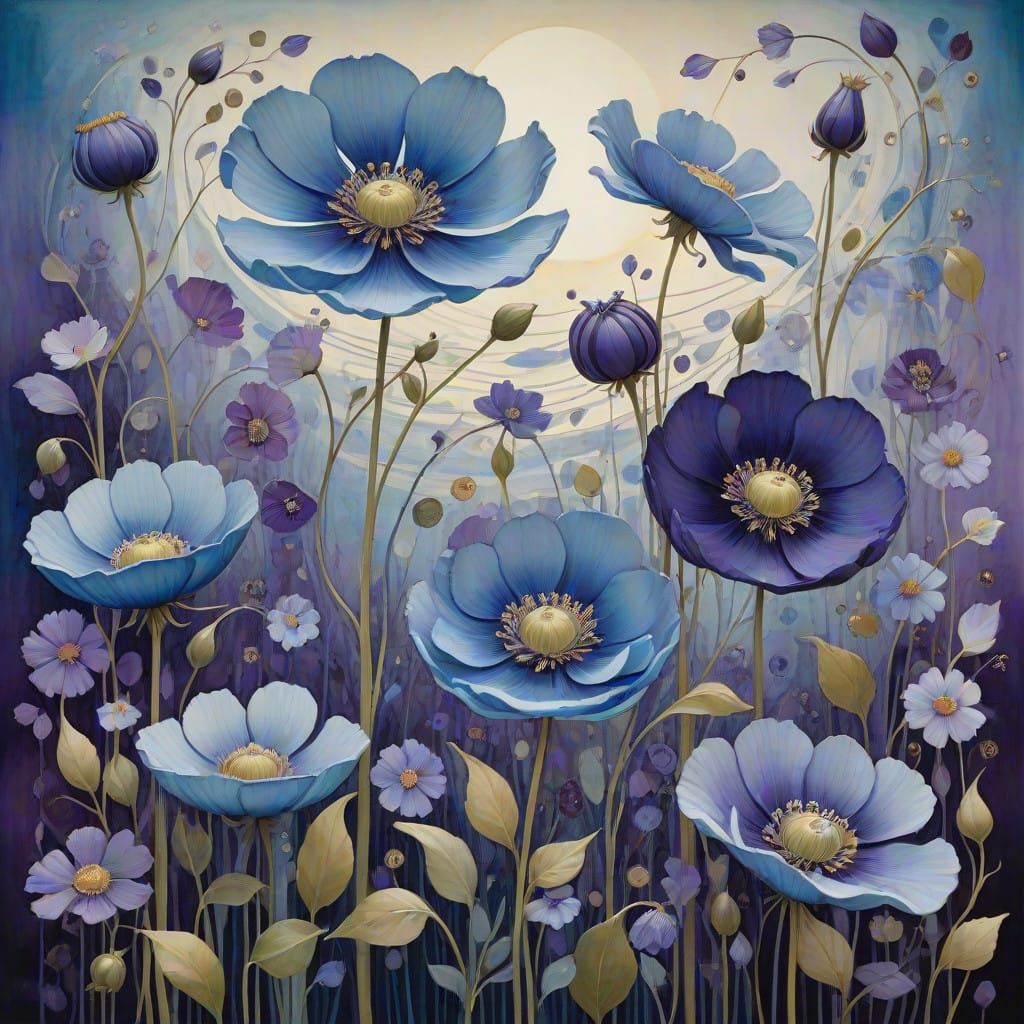 Whispers of Twilight: Celestial Blue Flowers in Soft Evening...