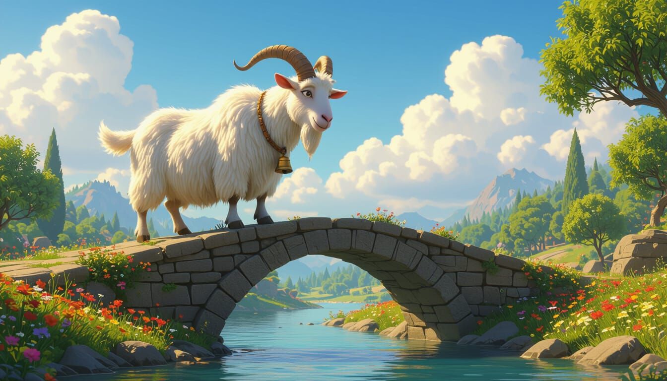 Enormous Goat Crosses Stone Bridge in Pixar Style