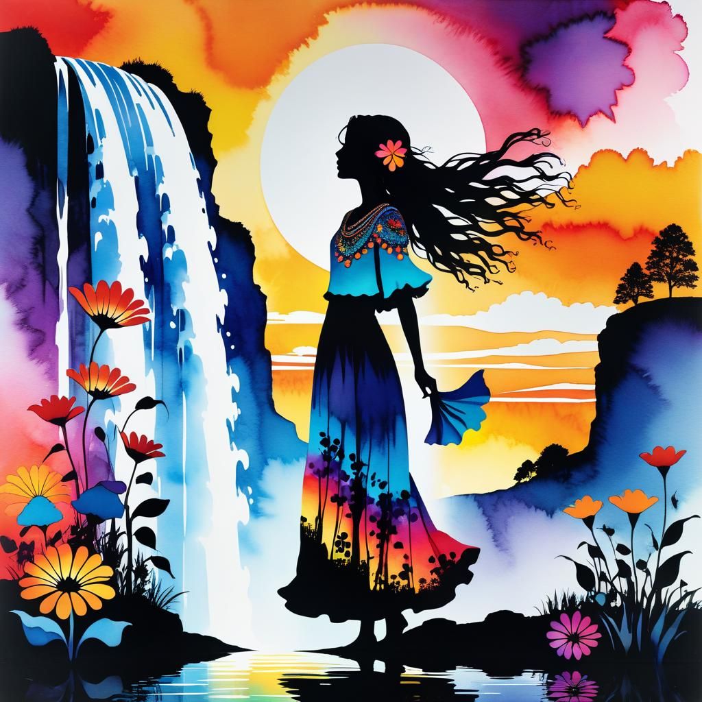 Psychedelic Gypsy Woman in Surreal Sunset Garden