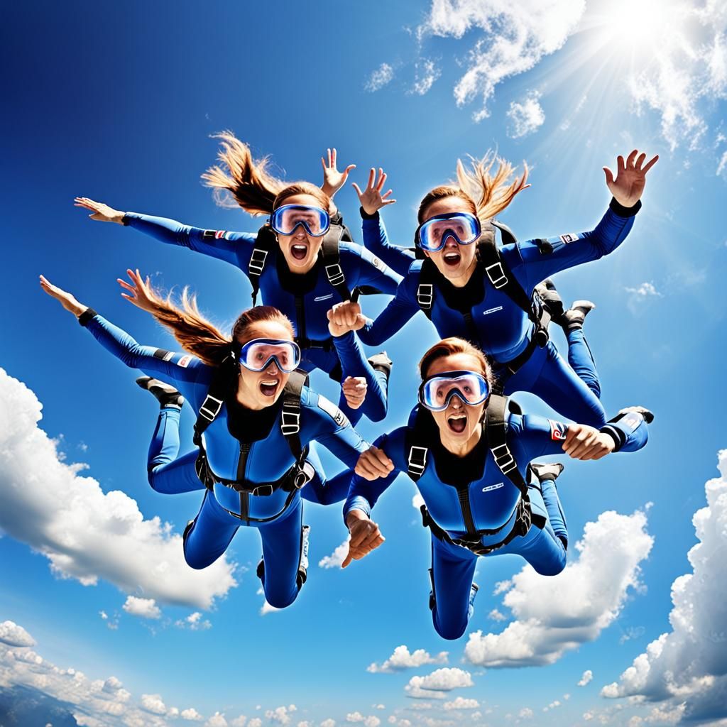 Women Skydiving Formation in Blue Sky: Sports Photo