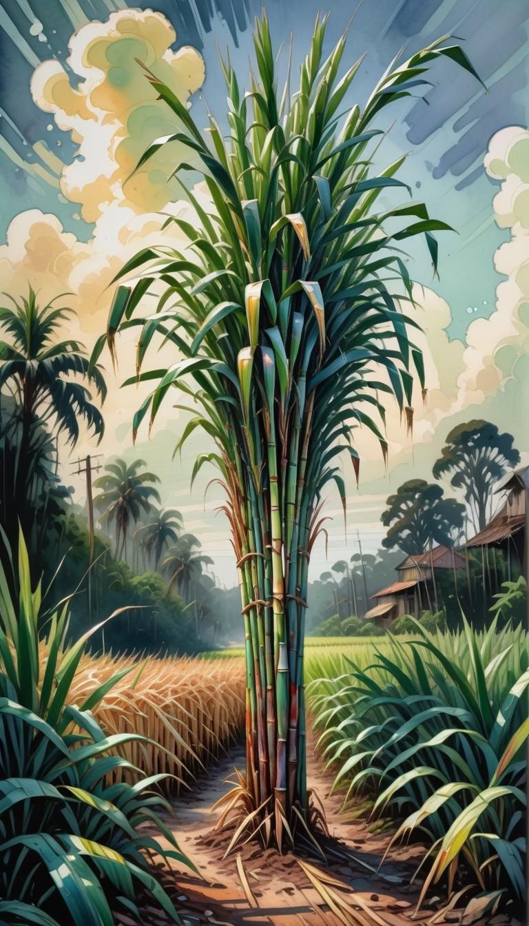 Sugarcane Plant in Gouache Watercolor Style