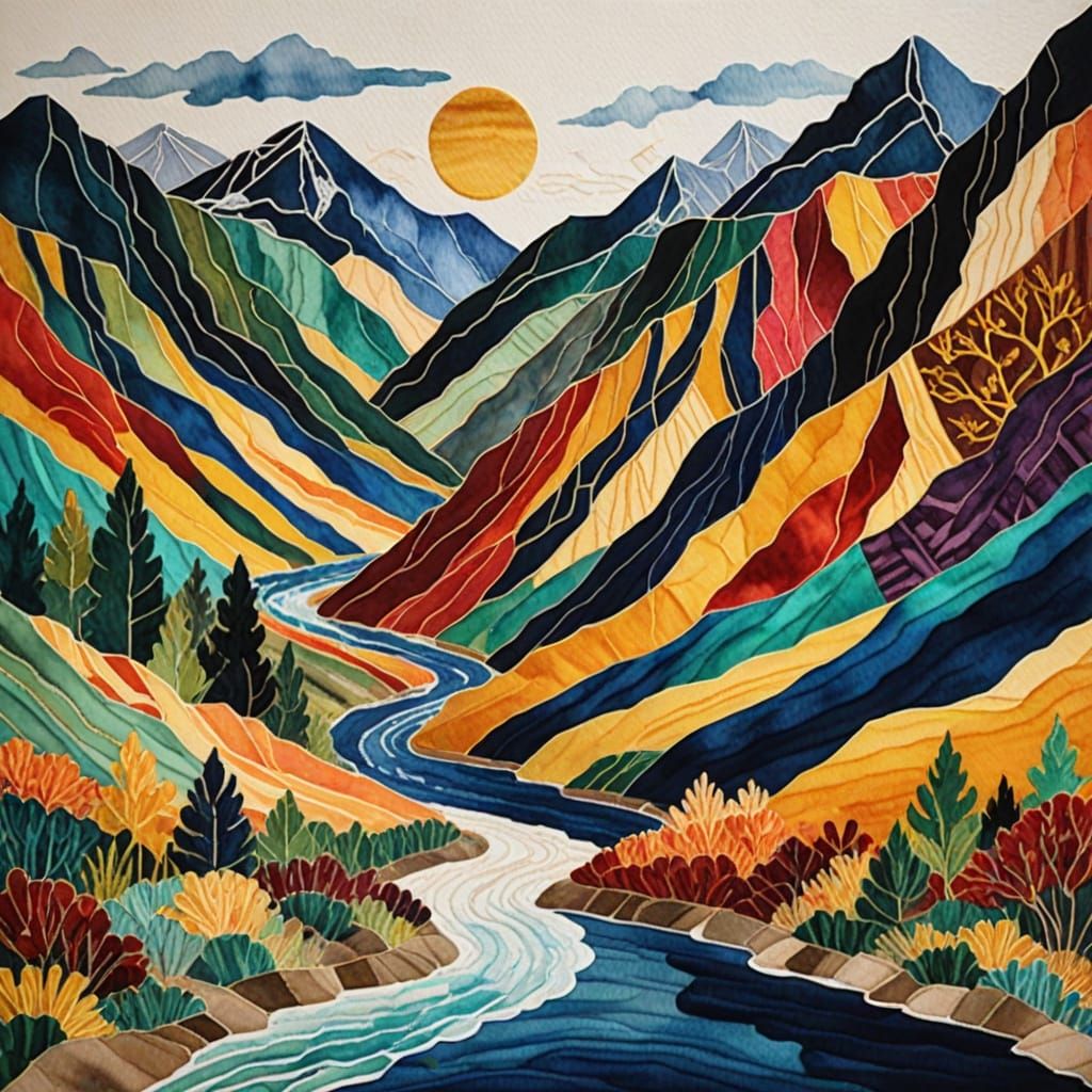 Embroidered River Landscape in Golds and Jewel Tones