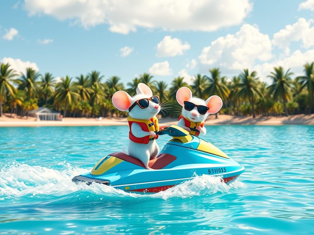 Whimsical Mice Ride a Vibrant Jet Ski Across a Turquoise Lak...