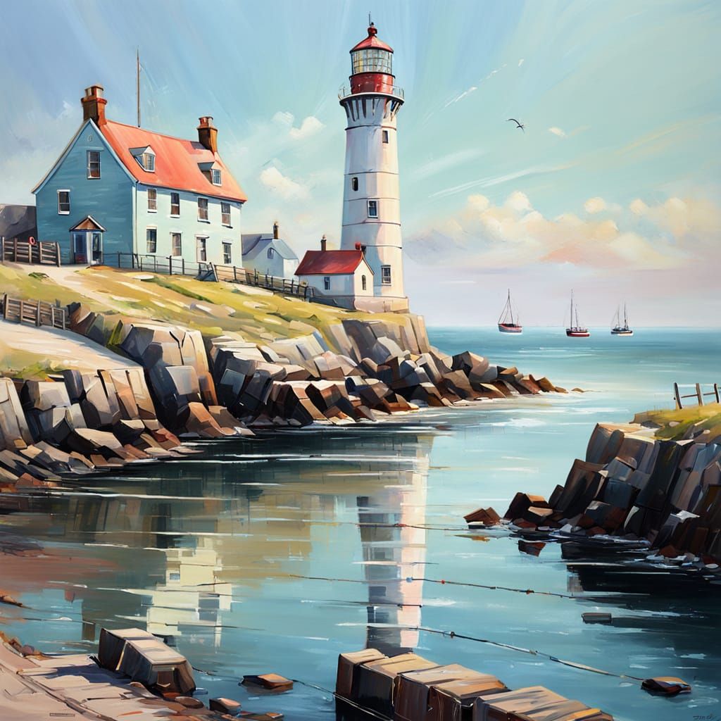 Pastel Oil Painting of Lighthouse in Fishing Harbor