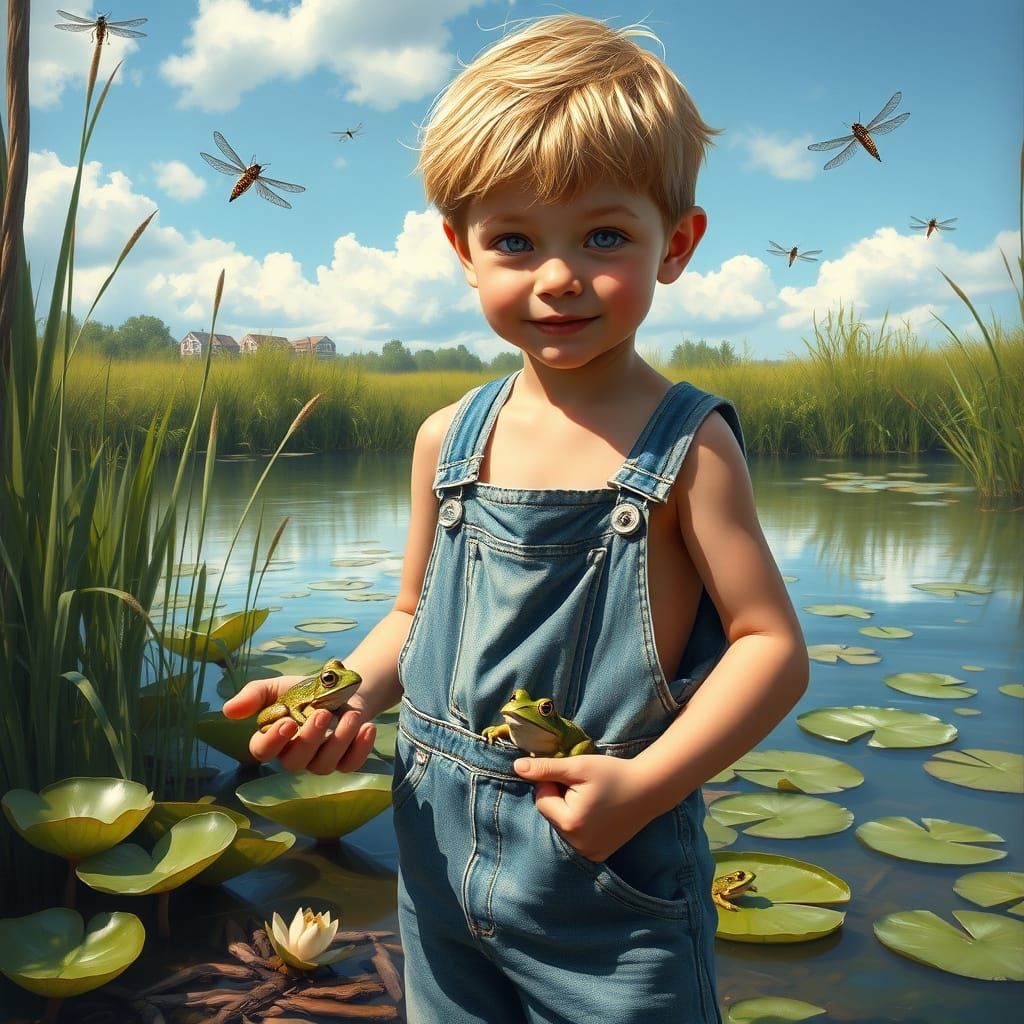 Sandy Haired Boy Holds Frogs by Serene Summer Pond