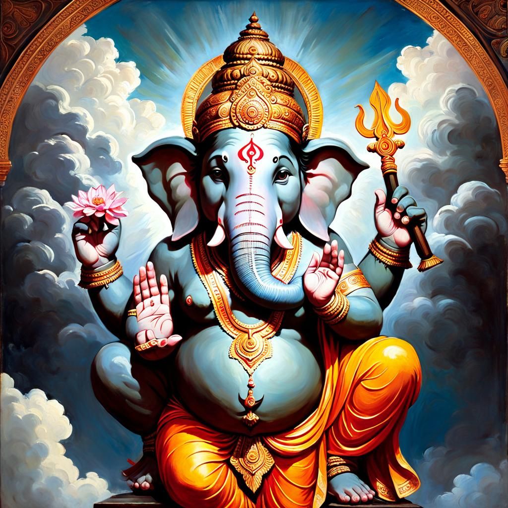Ganesh: Dignified Oil Painting in Dark Academia Style
