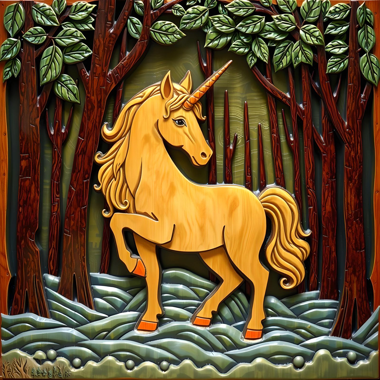 Serene Unicorn Wood Carving in Forest Setting