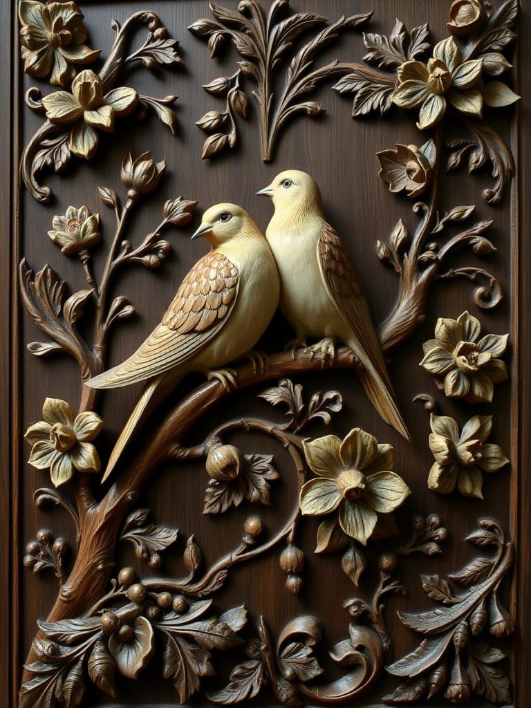 wall panel, French Rococo decorative wood carving. Pair of doves perched on a stylized branch, surrounded by intricate f...