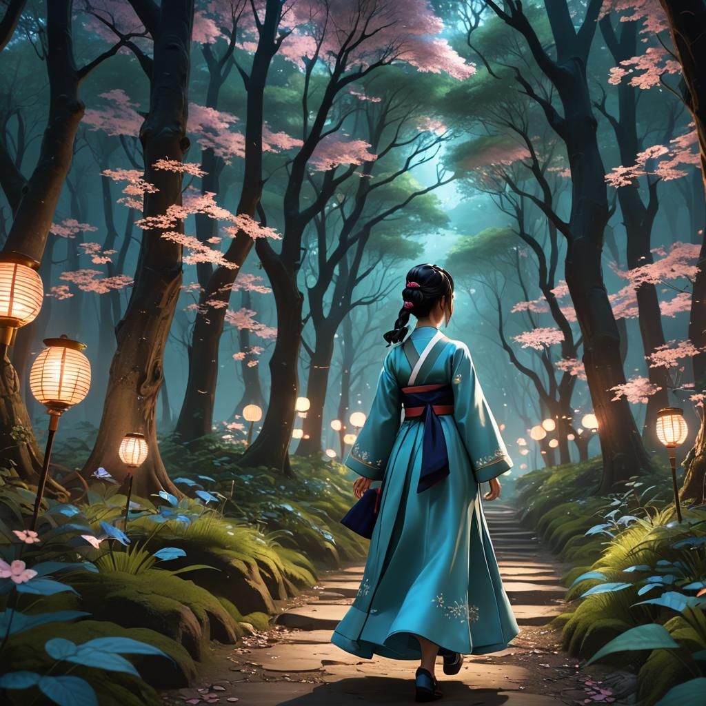 Korean Girl in Bioluminescent Forest: Anime Style