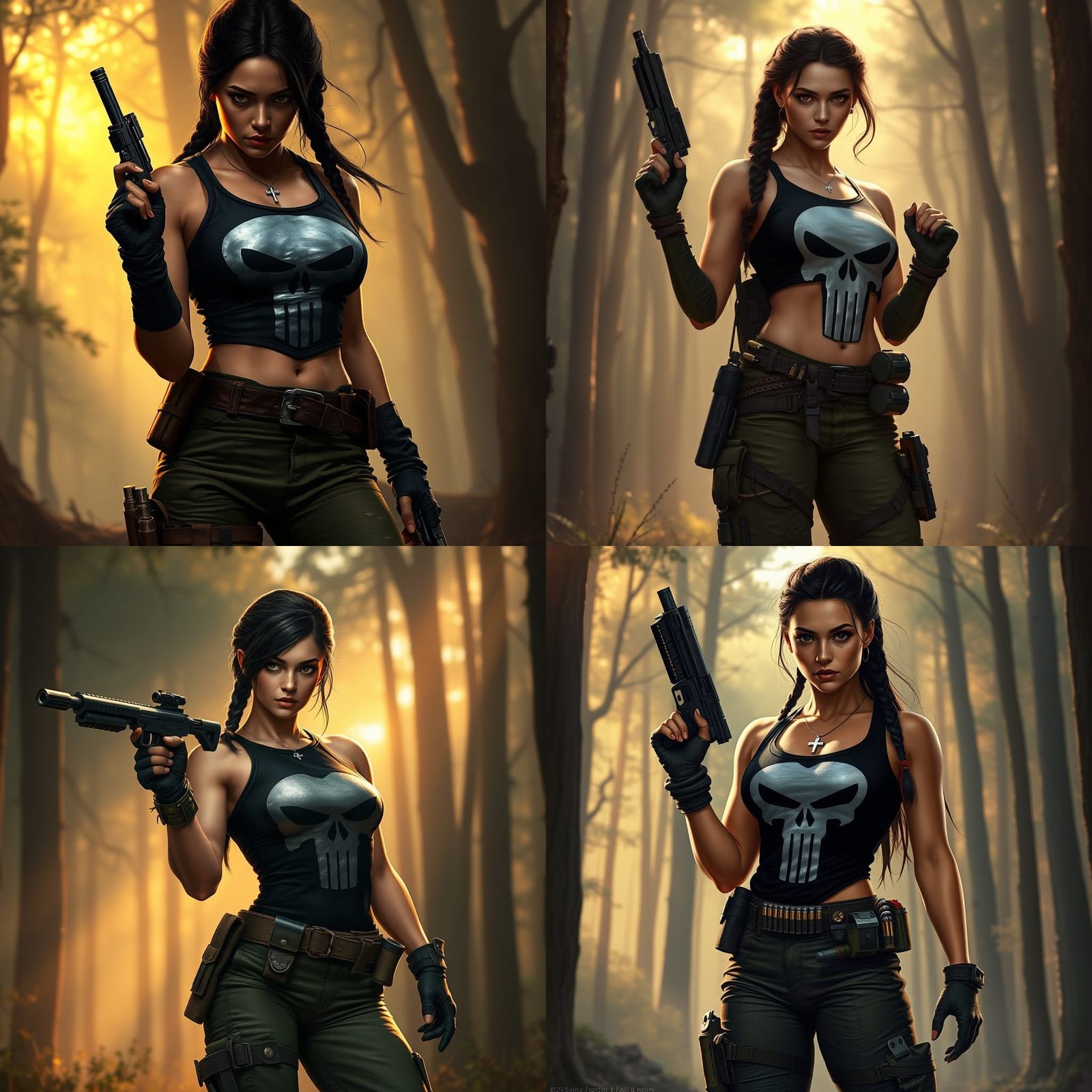 Female Warrior in Forest with Punisher Emblem