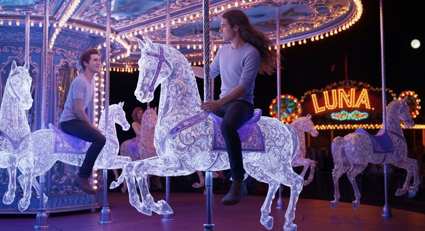 Neon Carousel Ride in Luna Park at Night
