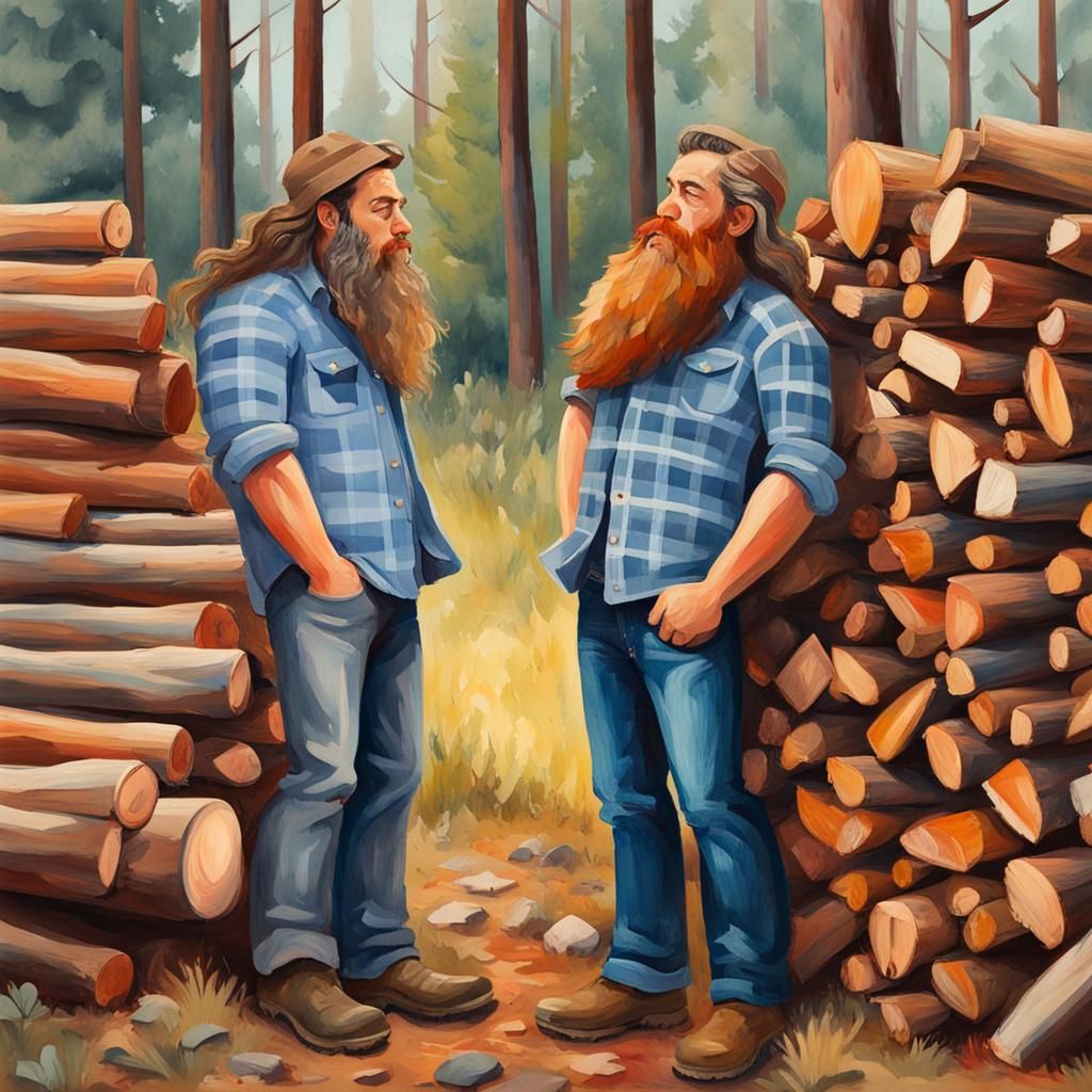 Lumberjacks Kissing: A Maximalist Gouache Painting