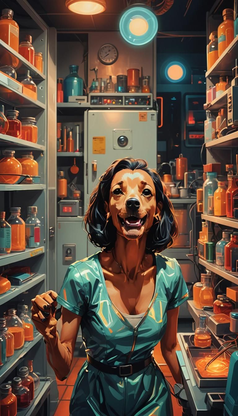 Dog in Futuristic Lab: Neon Concept Art