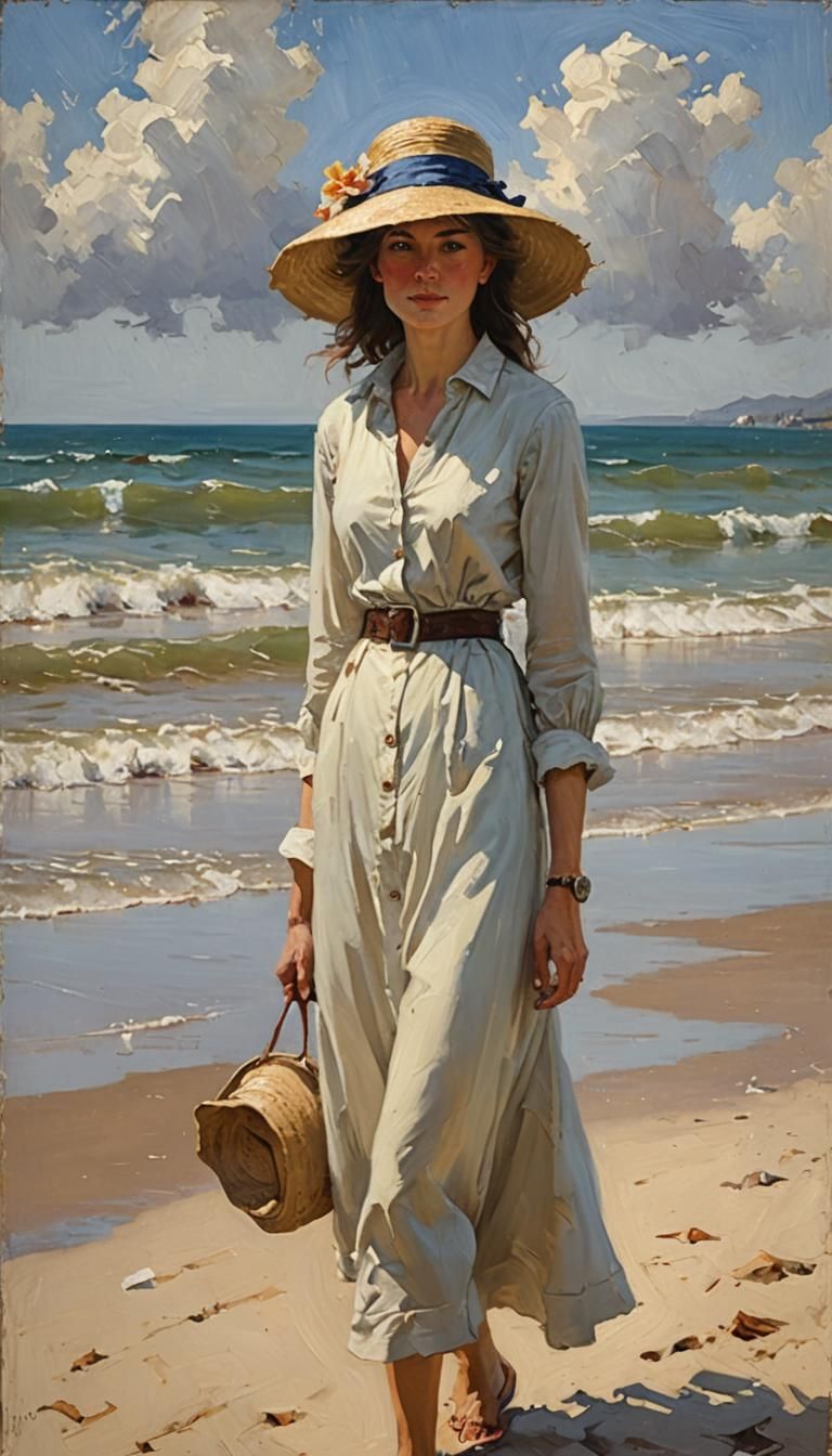 Woman on Beach in Oil Painting Style
