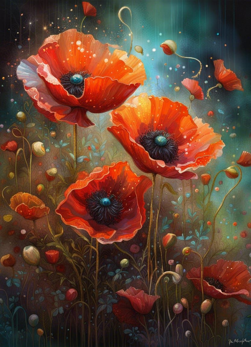 Iridescent Poppies in a Detailed Fantasy Painting