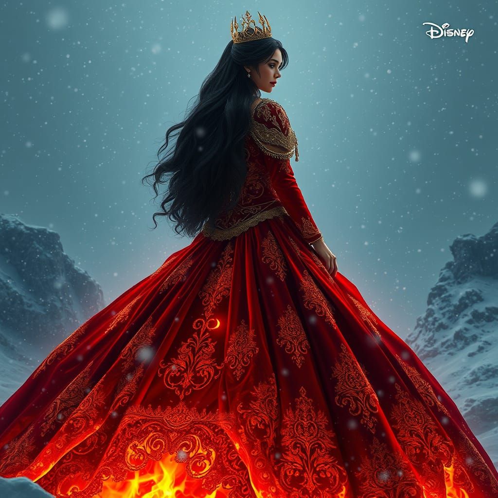 Regal Fantasy Princess Surrounded by Blazing Lava and Snow