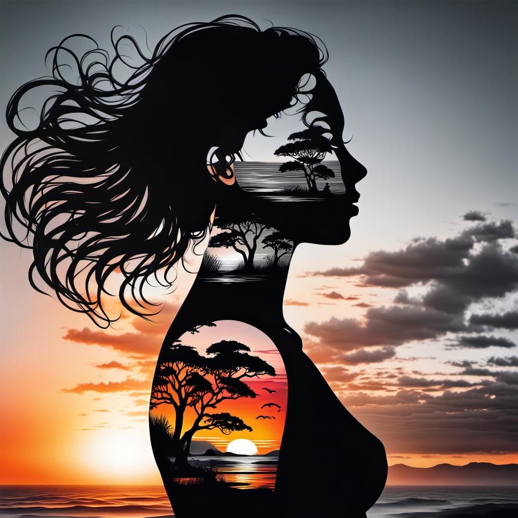 Goddess Silhouette Double Exposure with Sunset Coast