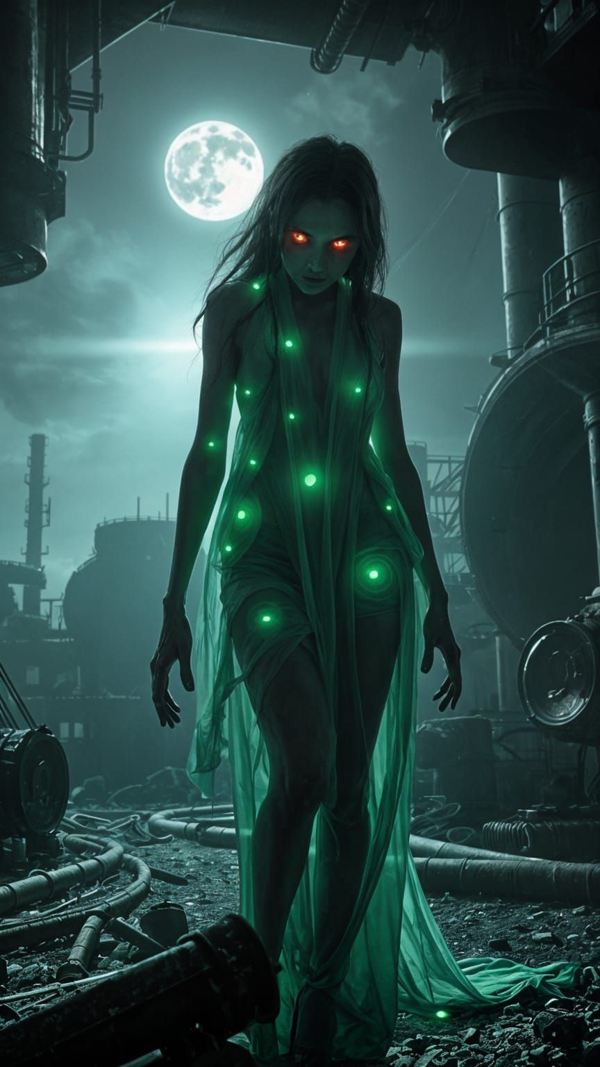 Ethereal Refinery Spirit in Haunted Industrial Setting