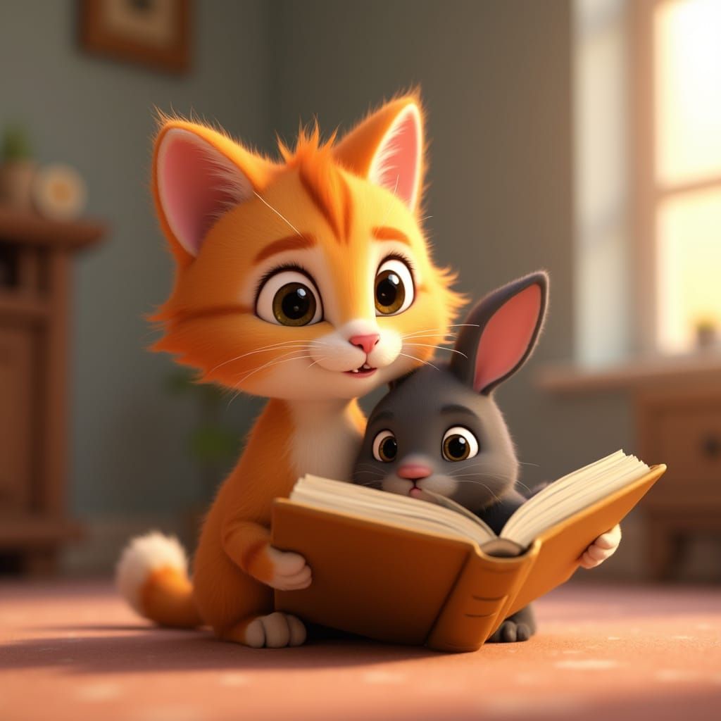 Pixar-Inspired Cartoon Cat and Bunny in Warm Home Scene