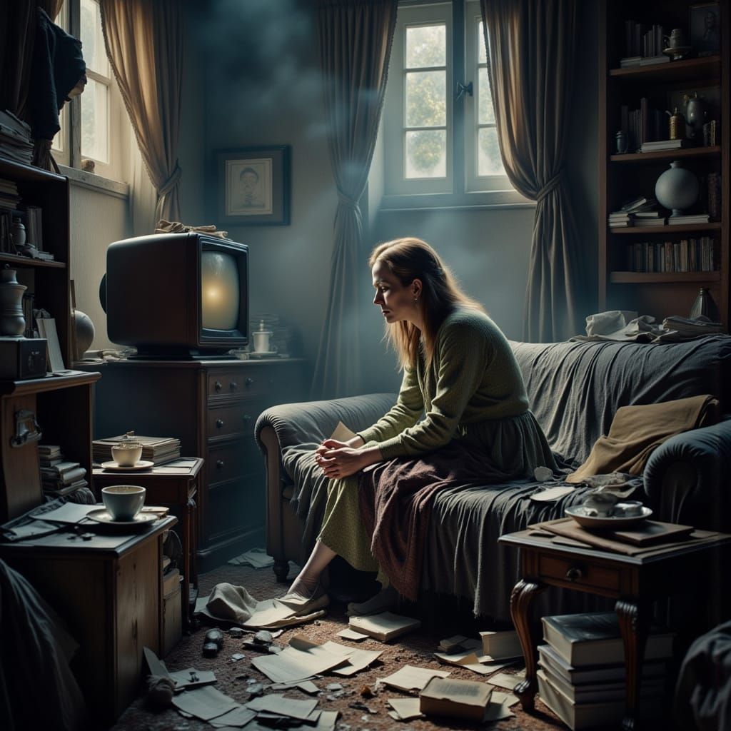 Woman in Cluttered Room on Couch Watching TV