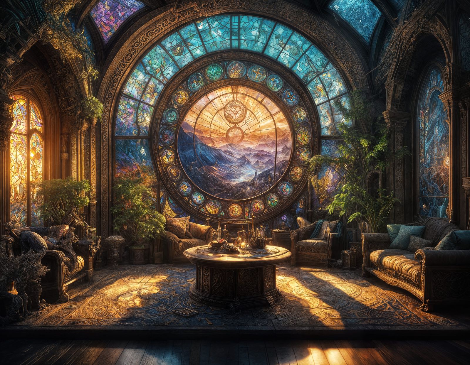 Surreal Stained Glass Tower in a Mystical Room