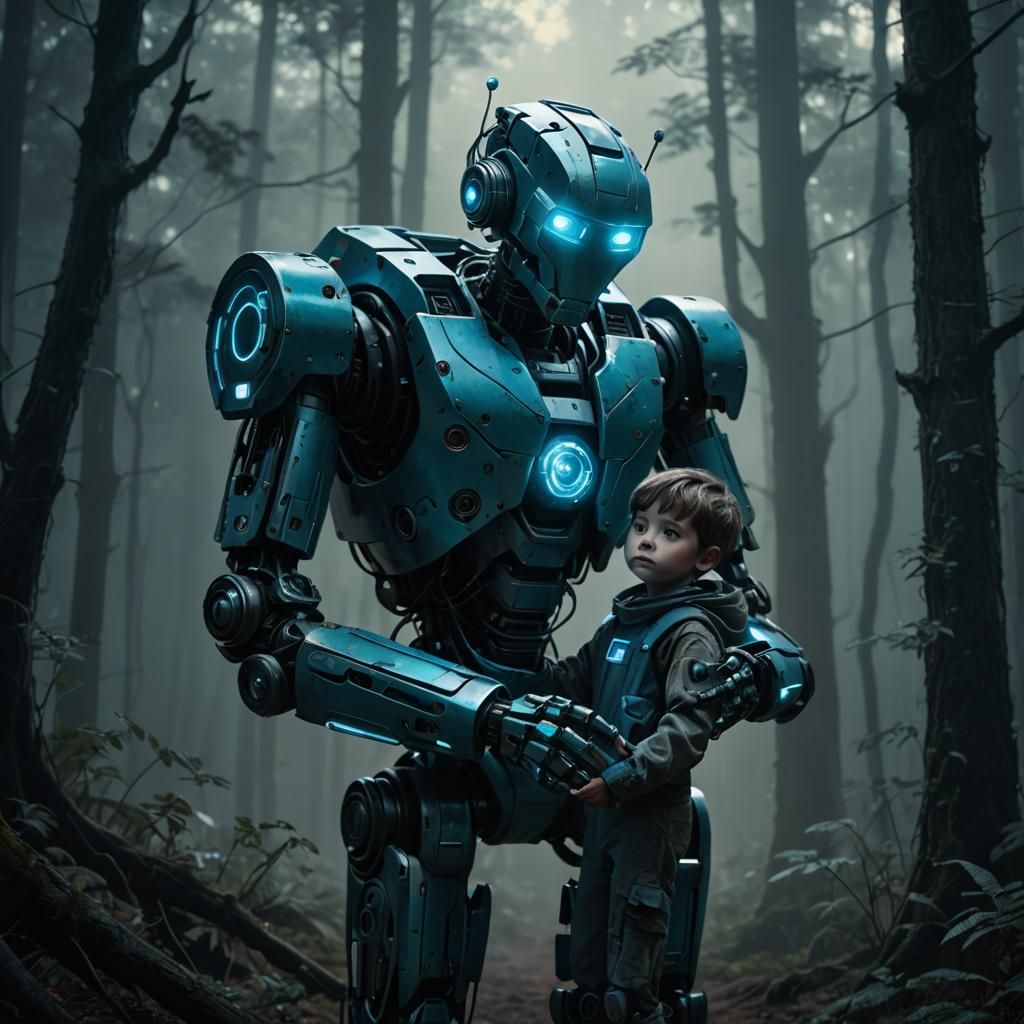 Robot and Child in Dark Forest: Sci-Fi Concept Art
