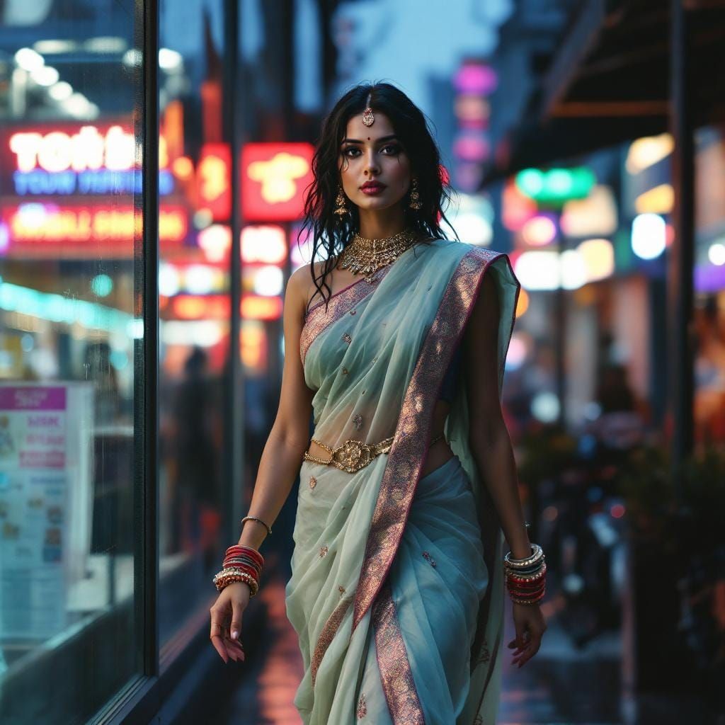 Indian Woman in Wet Saree Walking in City at Dusk