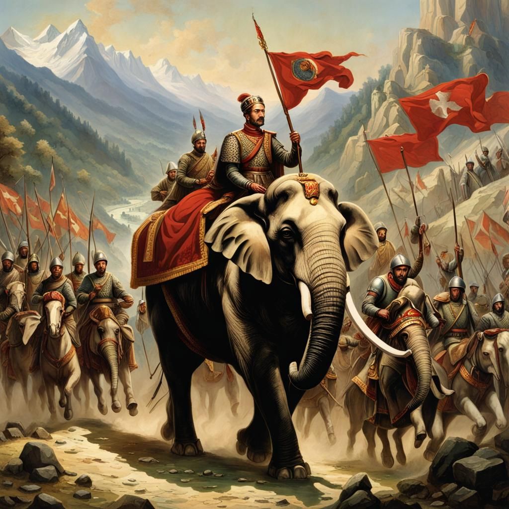 Hannibal riding an elephant passing through Alps