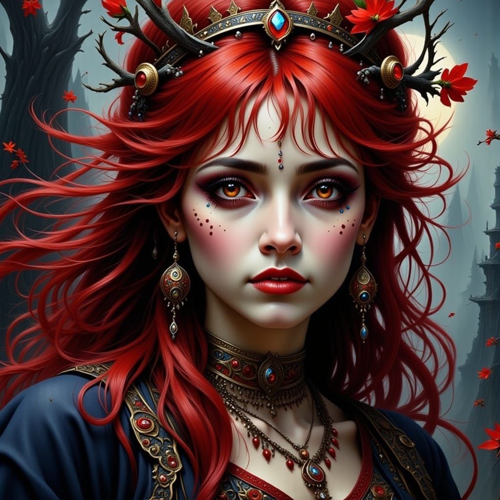 Dark Red Haired Gypsy Woman in Whimsical Style